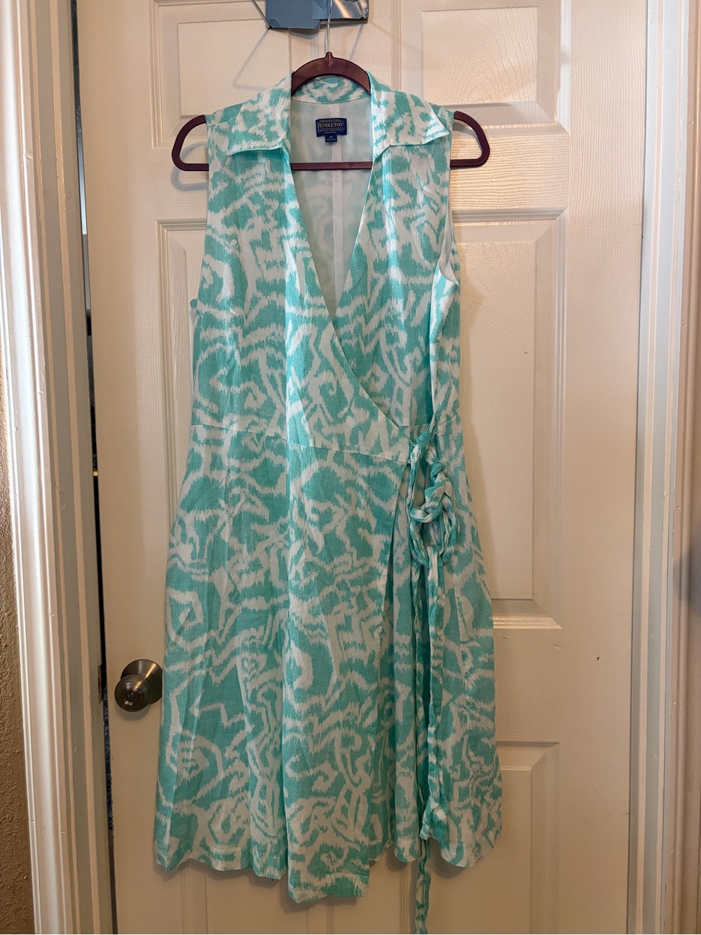 Pendleton Aqua and White Sleeveless Wrap Midi Dress
